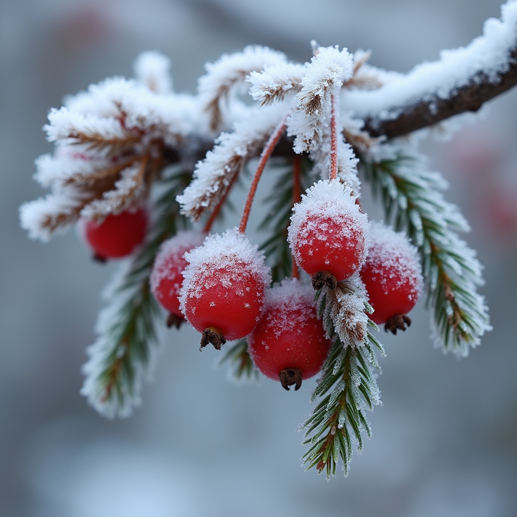 Frosty red berries on tree branch Frosty red berries on tree branch