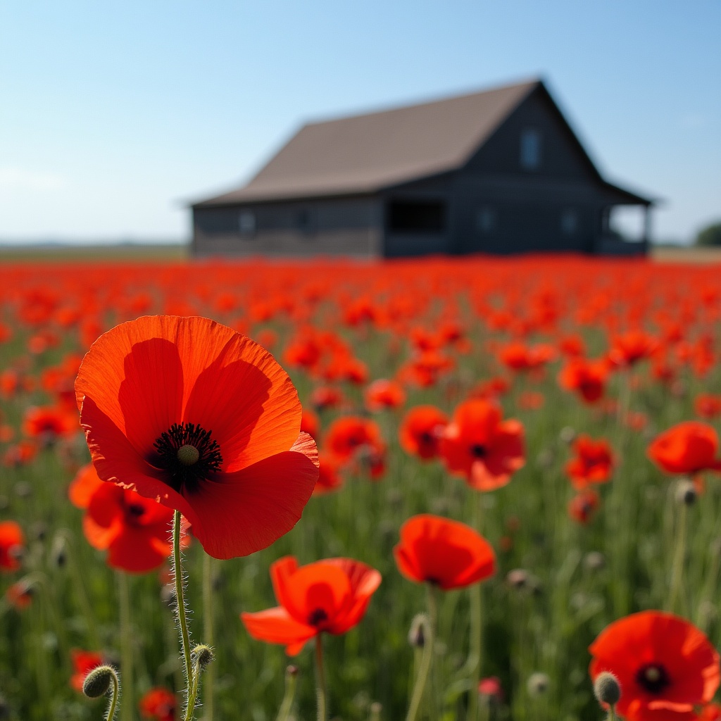 Red poppies blooming near a farmhouse Red poppies blooming near a farmhouse