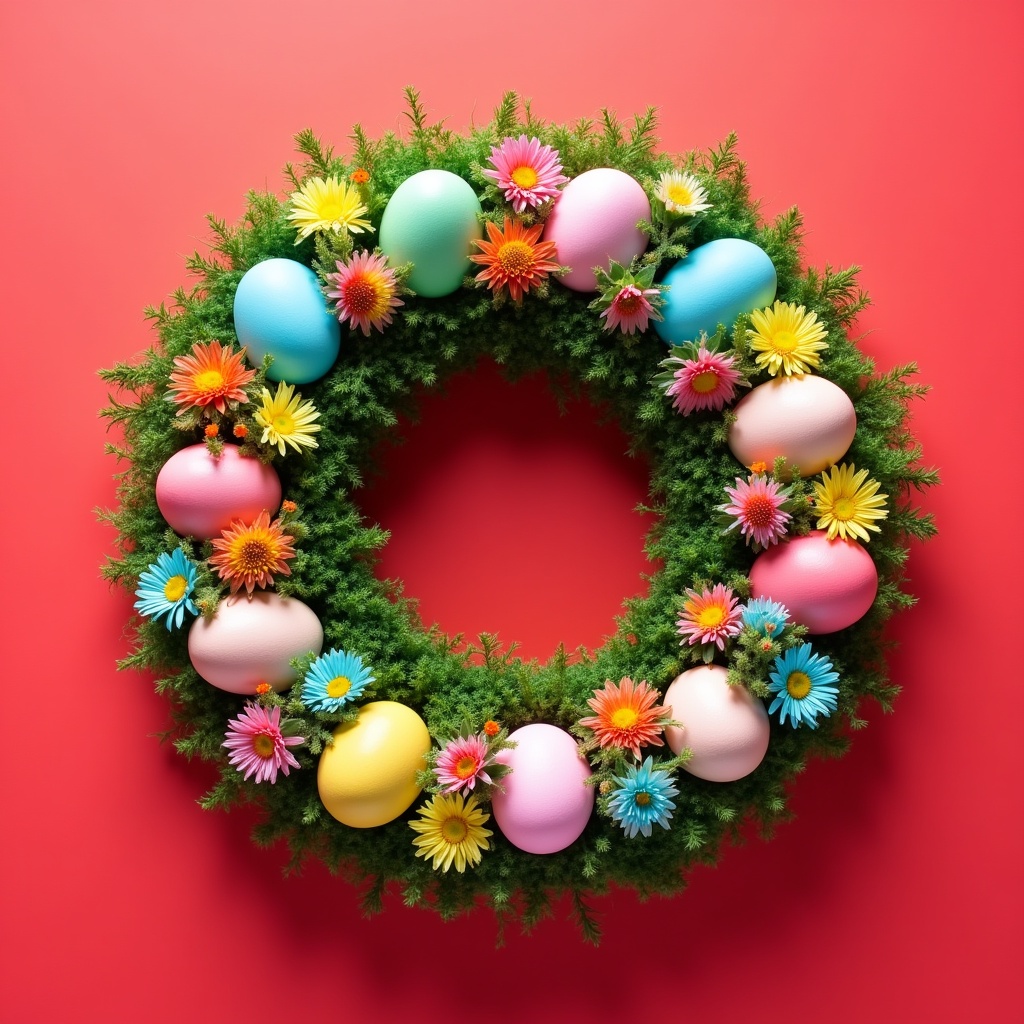 Colorful wreath with eggs and flowers Colorful wreath with eggs and flowers