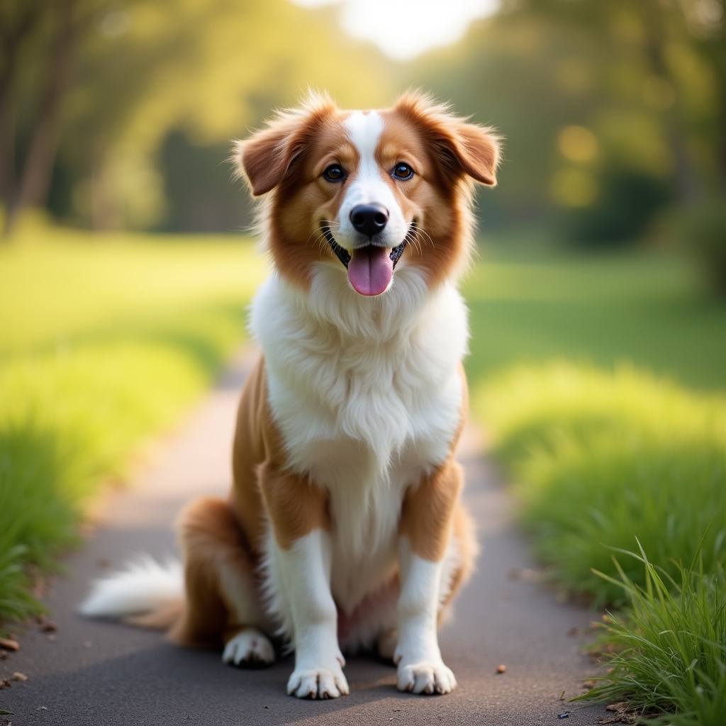 Dog sitting on path in a park Dog sitting on path in a park