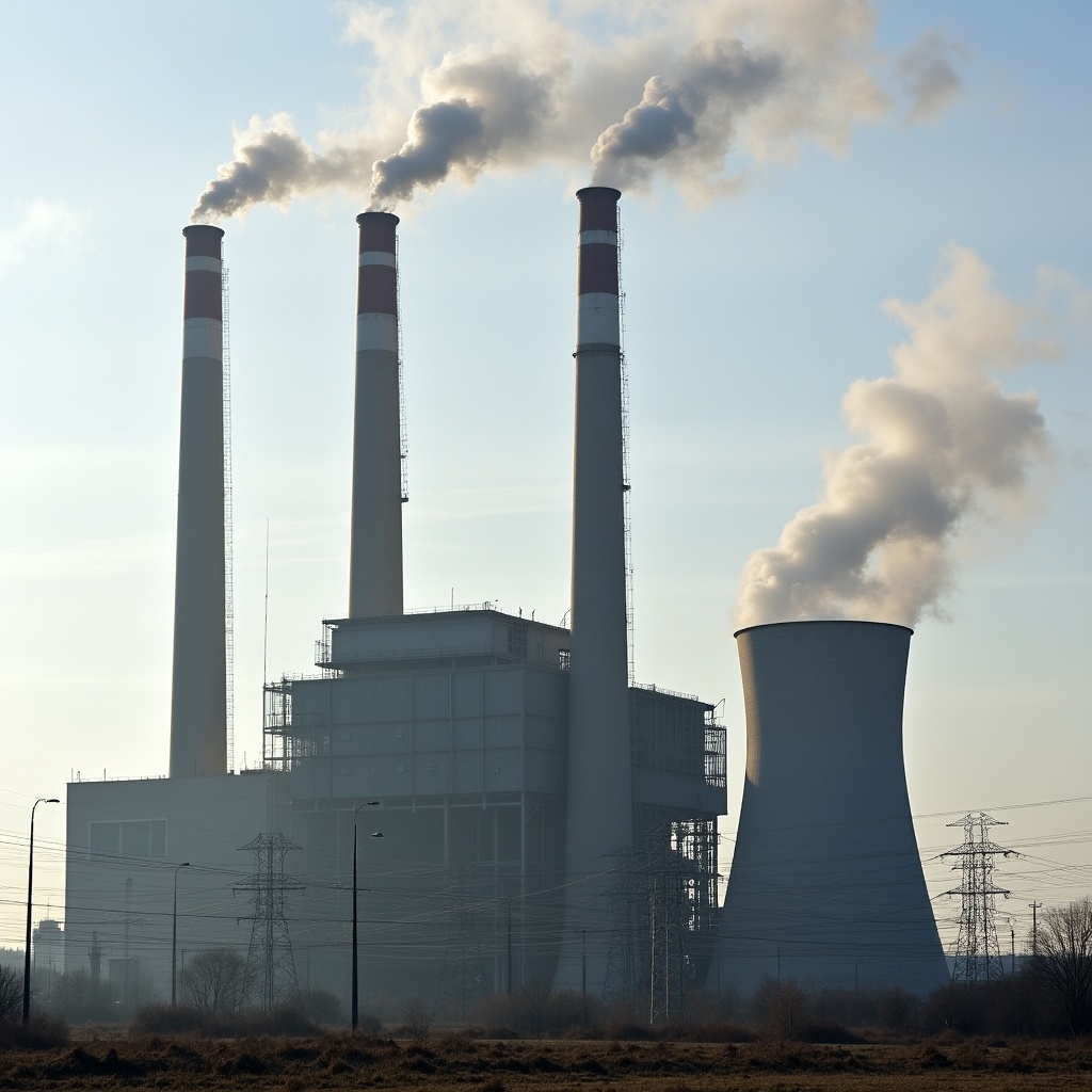 Power plant smoke stacks rise into sky Power plant smoke stacks rise into sky