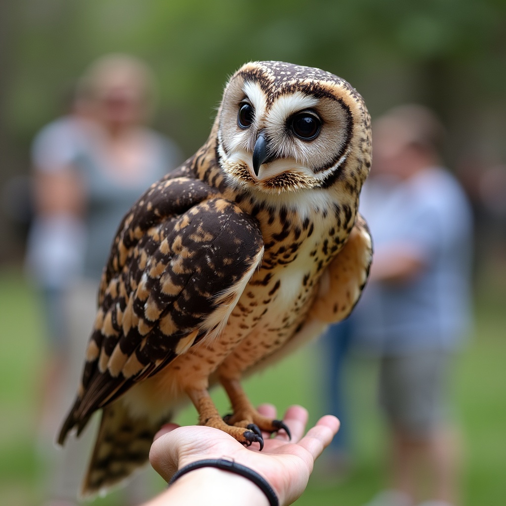 Owl perched on hand at wildlife event Owl perched on hand at wildlife event
