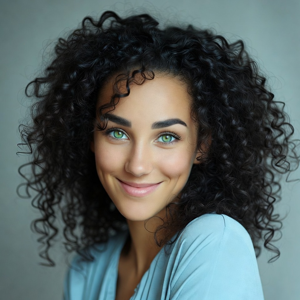 Woman with curly hair smiles warmly Woman with curly hair smiles warmly