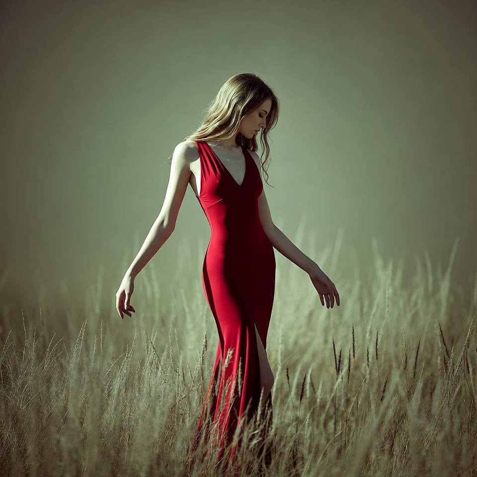 Woman in red dress walking through field Woman in red dress walking through field