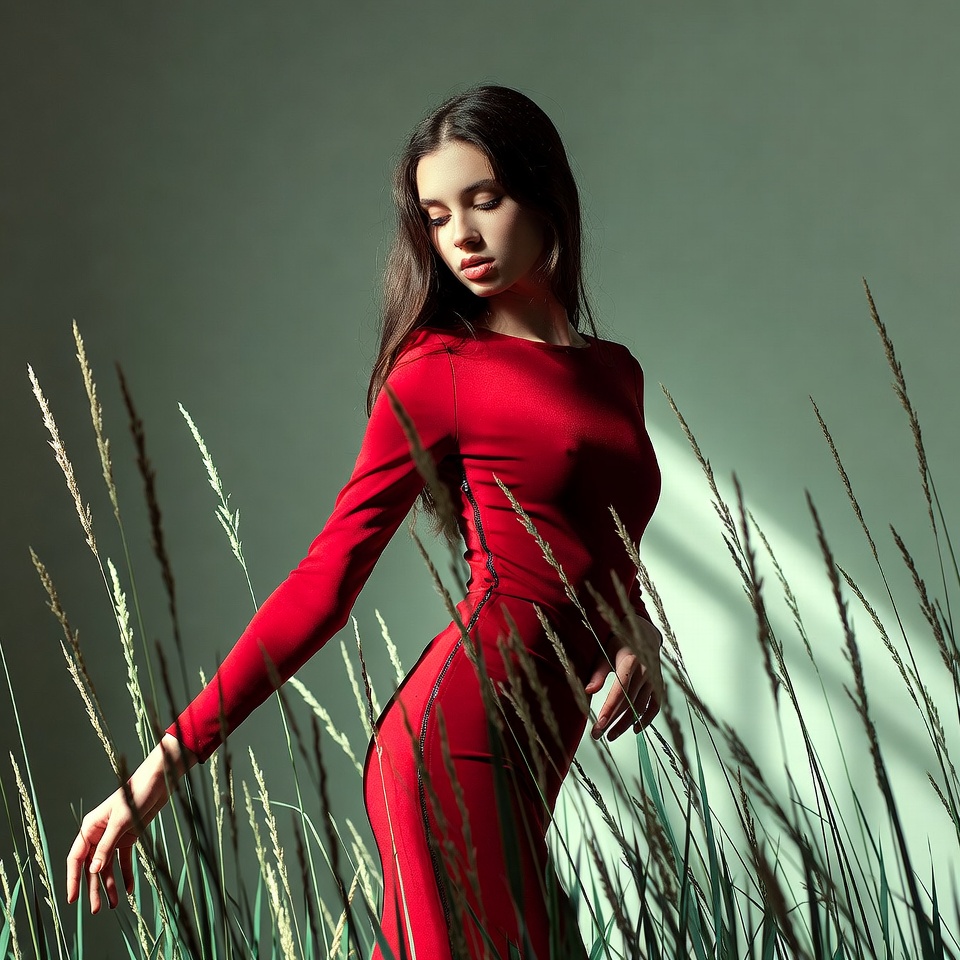 Model poses in grass field during day Model poses in grass field during day