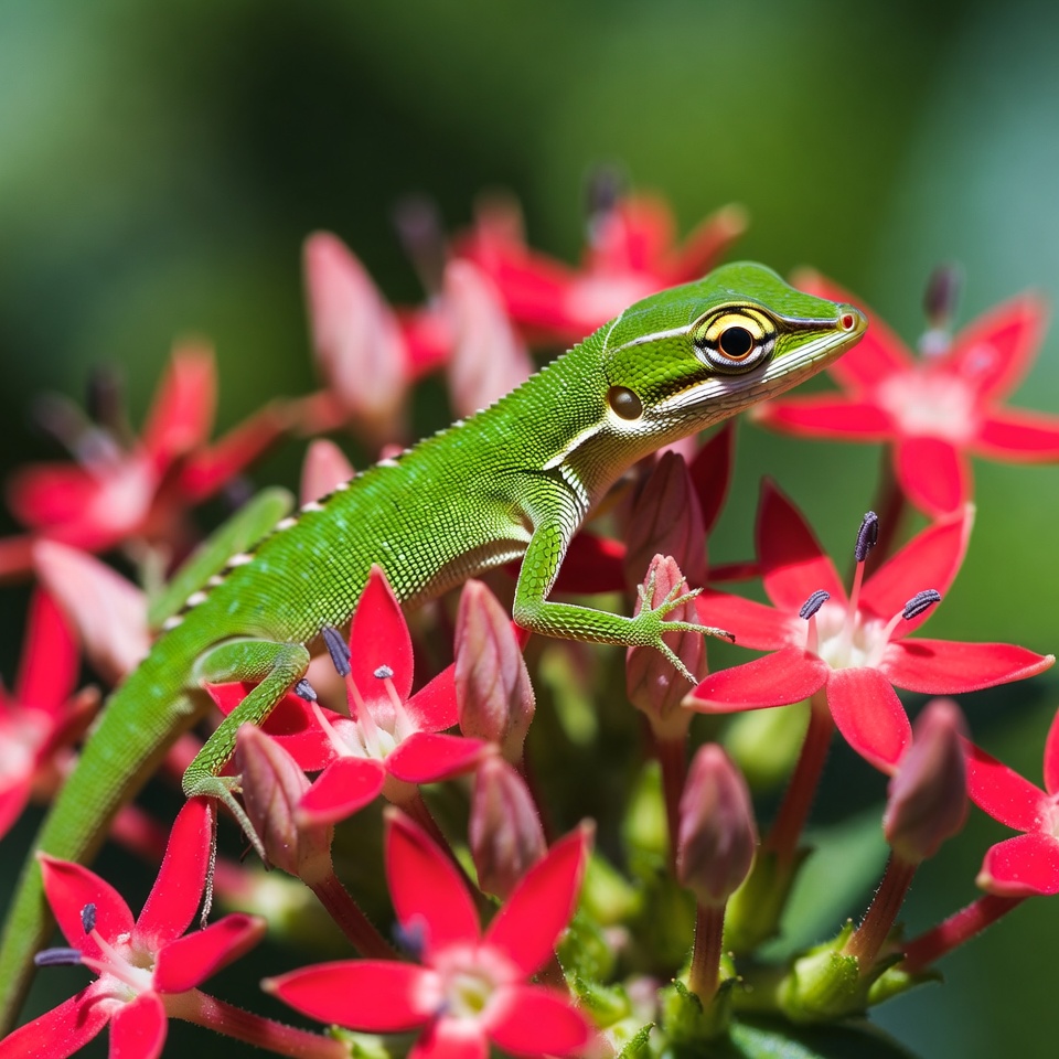 Green lizard on red flowers Green lizard on red flowers