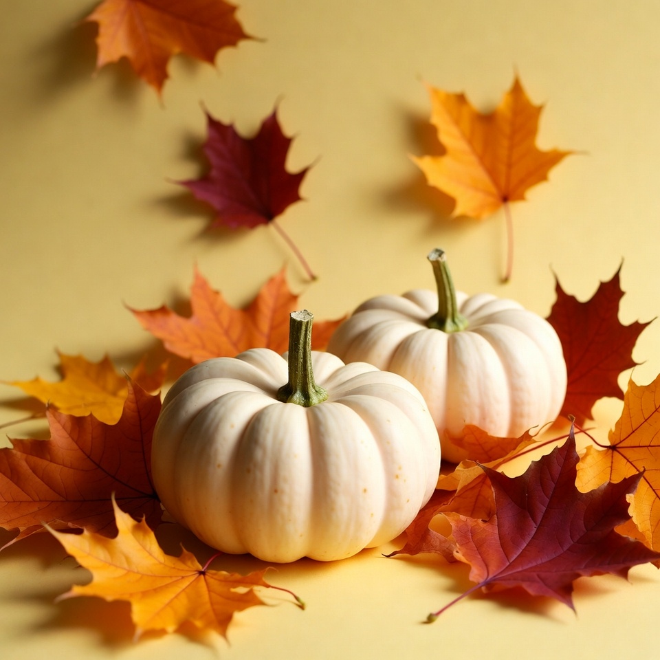 White pumpkins, fall leaves on yellow White pumpkins, fall leaves on yellow