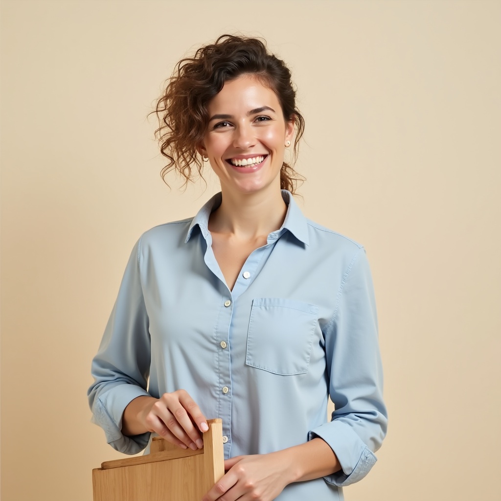 Smiling woman holding wooden panel Smiling woman holding wooden panel