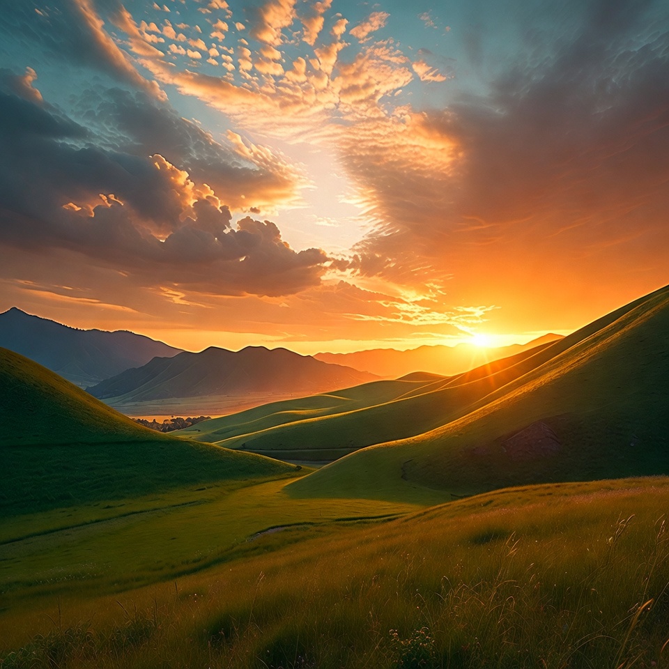 Sunset over rolling hills and mountains Sunset over rolling hills and mountains