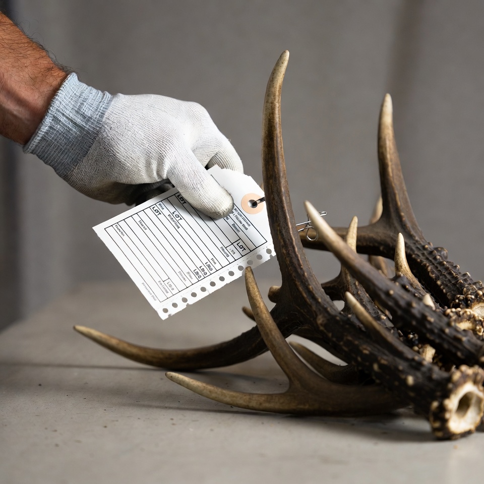 Handling antlers with identification tag Handling antlers with identification tag
