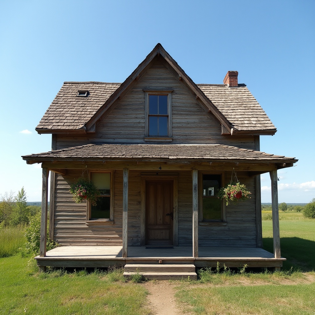 Wooden house in open field setting Wooden house in open field setting