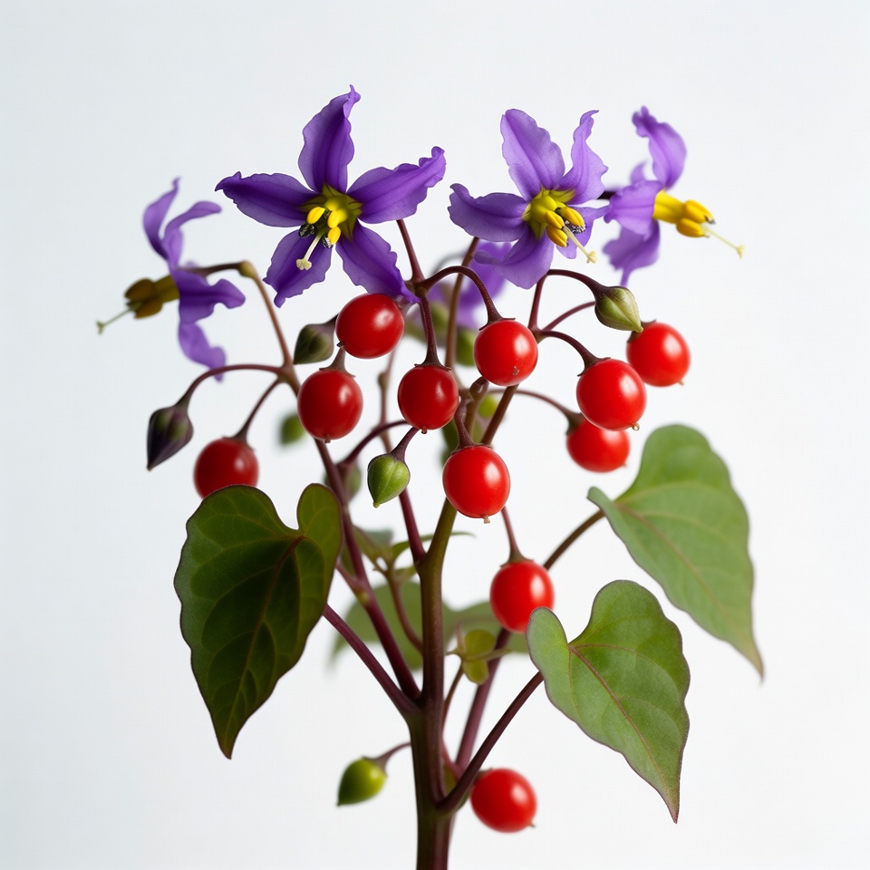 Purple flowers and red berries together Purple flowers and red berries together