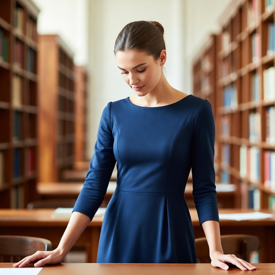 Woman in library reading quietly Woman in library reading quietly