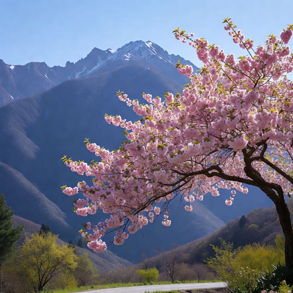 Cherry blossoms near snowy mountains Cherry blossoms near snowy mountains