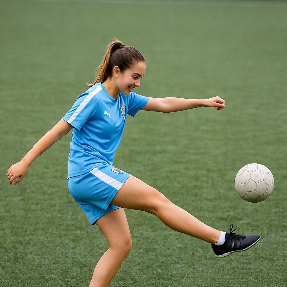 Girl plays soccer on field Girl plays soccer on field