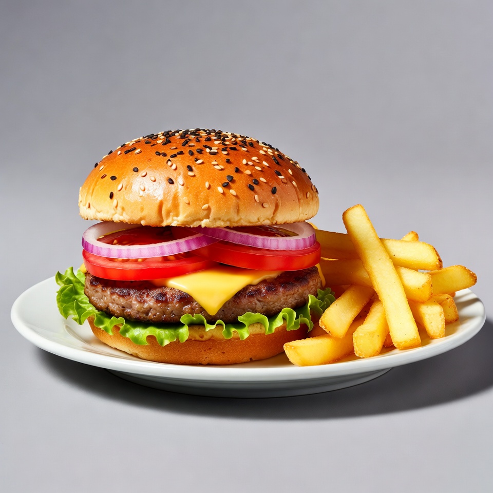 Burger and fries on a plate Burger and fries on a plate