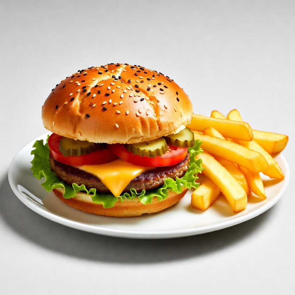 Burger and fries served on plate Burger and fries served on plate