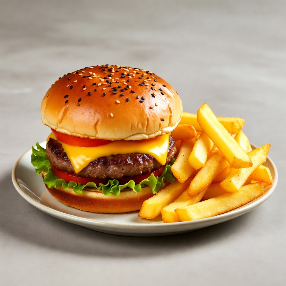 Burger and fries served on a plate Burger and fries served on a plate