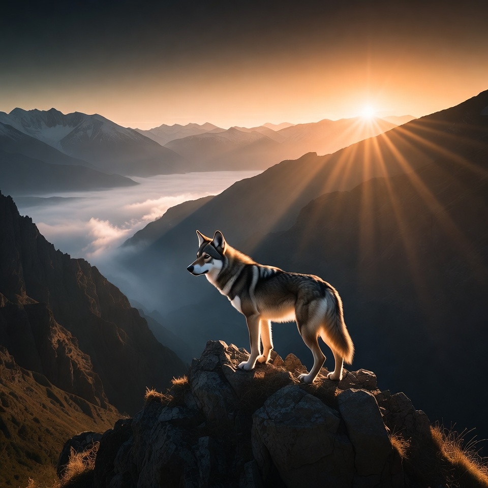 Wolf stands on rocky peak at sunrise Wolf stands on rocky peak at sunrise