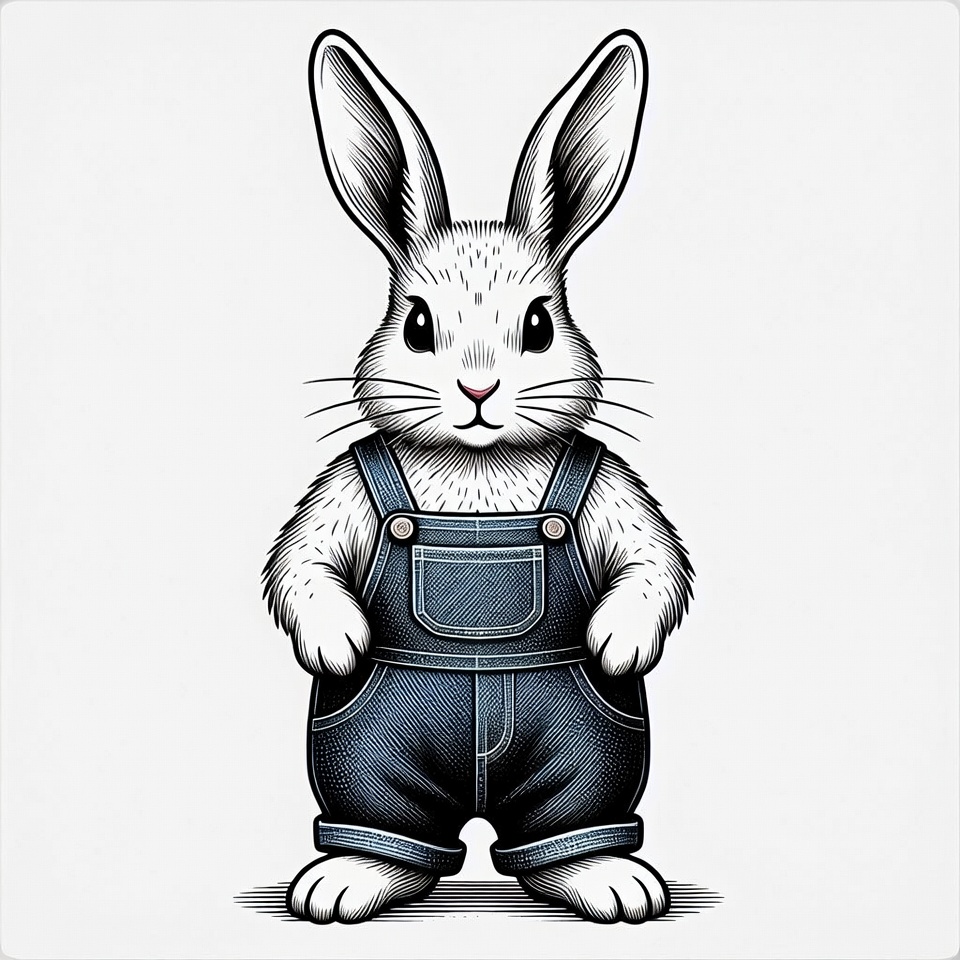 Rabbit wearing overalls stands upright Rabbit wearing overalls stands upright