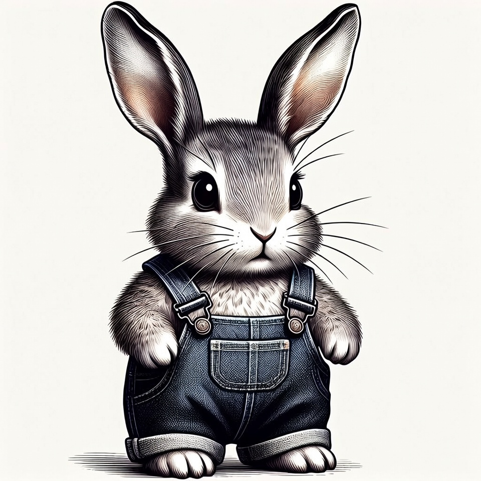 Rabbit wearing denim overalls stands straight Rabbit wearing denim overalls stands straight