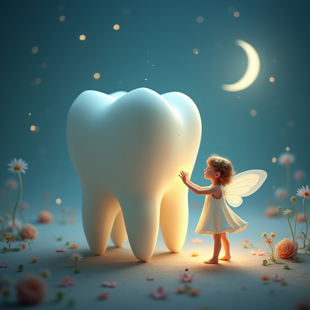 Child meets a large tooth at night Child meets a large tooth at night
