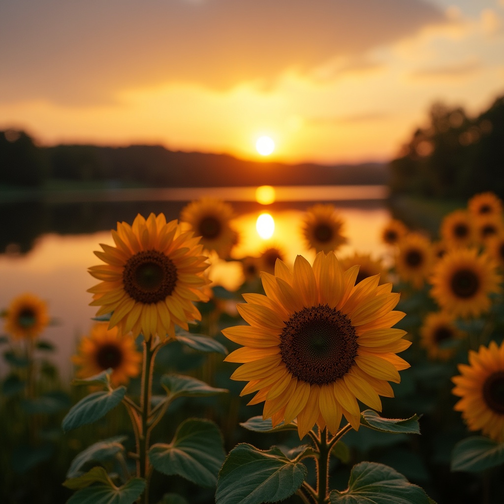 Sunflowers at sunset by the lake Sunflowers at sunset by the lake