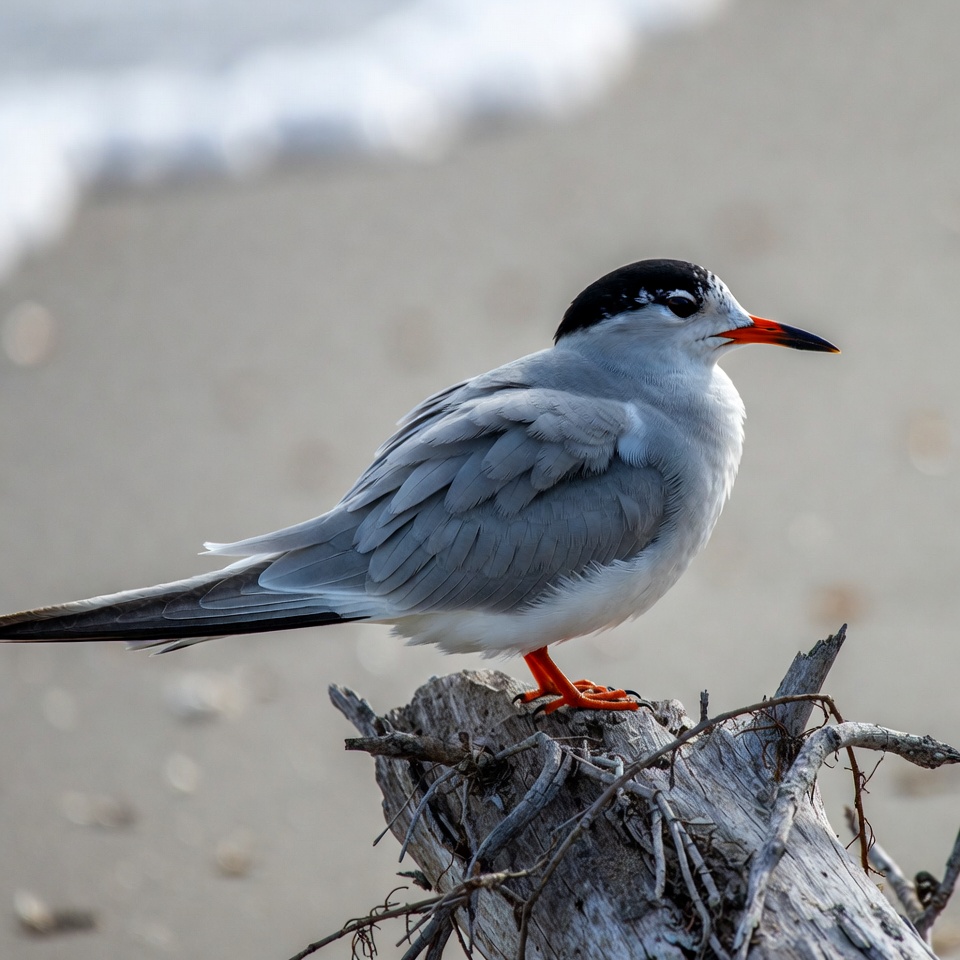Bird resting on driftwood by the shore Bird resting on driftwood by the shore