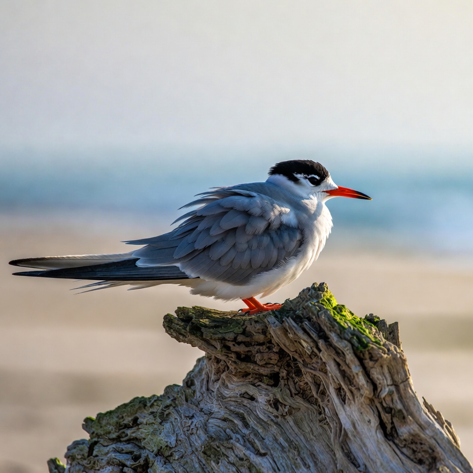 Bird resting on driftwood by ocean Bird resting on driftwood by ocean