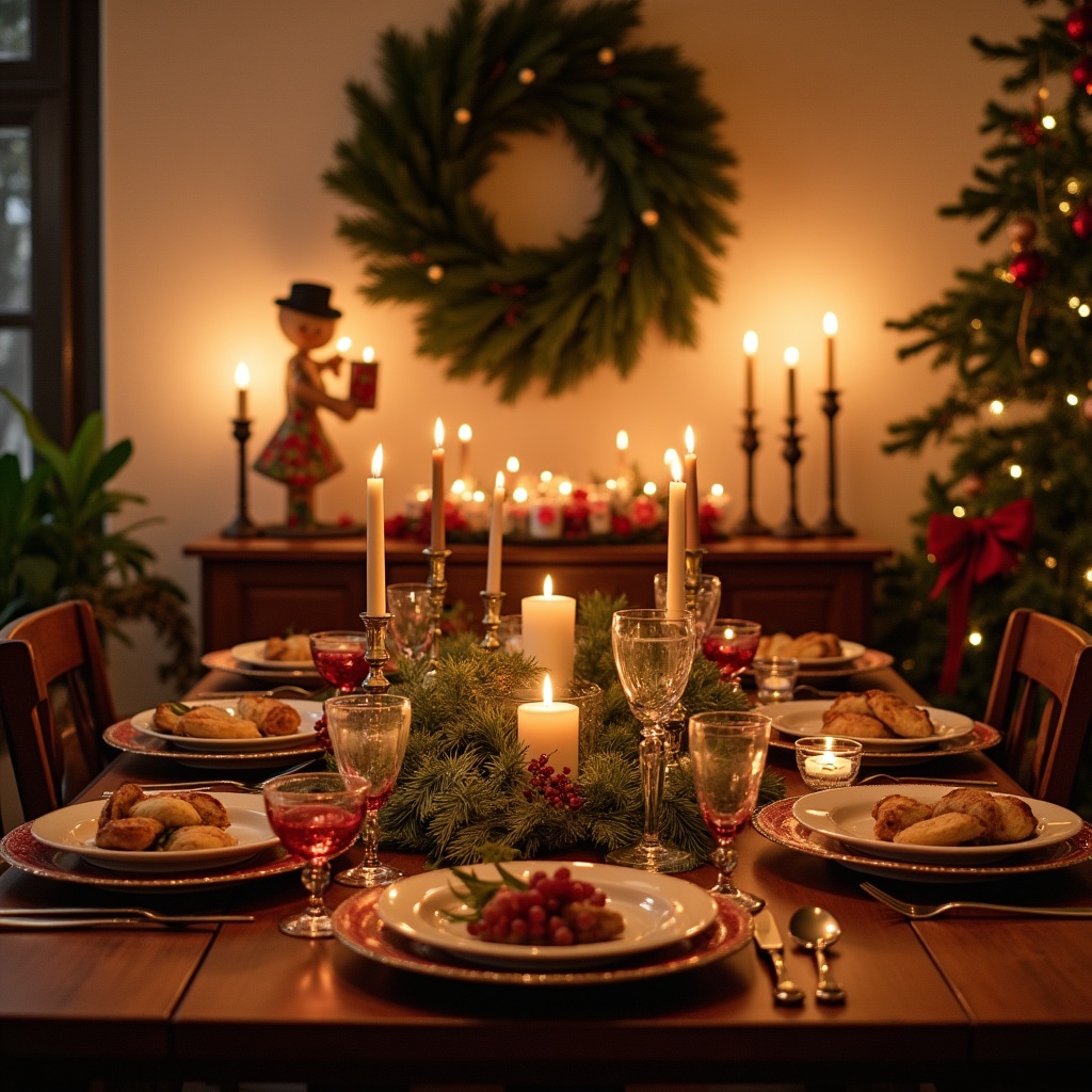 Family gathers around a decorated table for dinner Family gathers around a decorated table for dinner