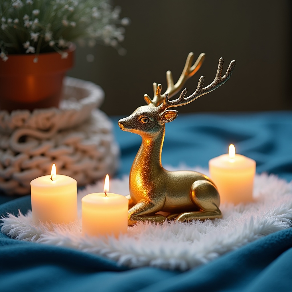 Gold deer with candles on blue cloth Gold deer with candles on blue cloth