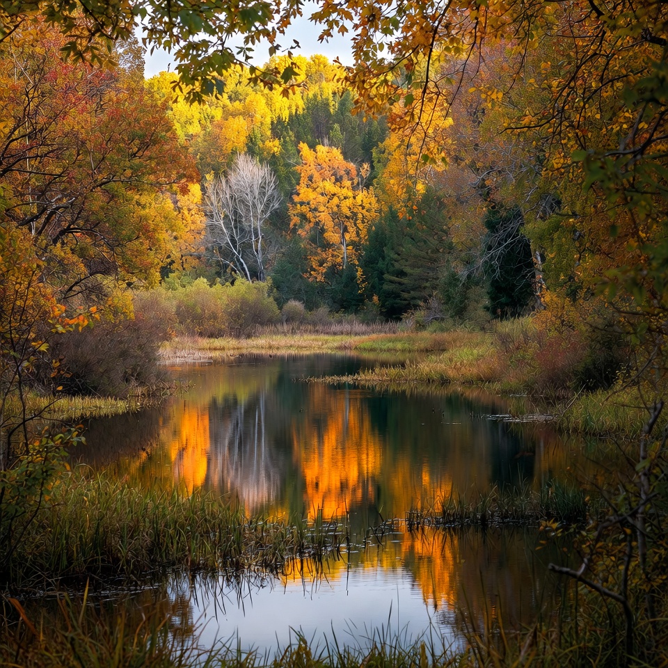 Autumn colors reflect in calm water Autumn colors reflect in calm water