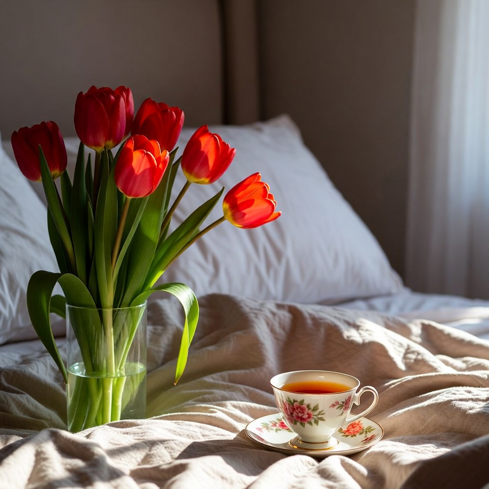 Morning tea with tulips on bed Morning tea with tulips on bed