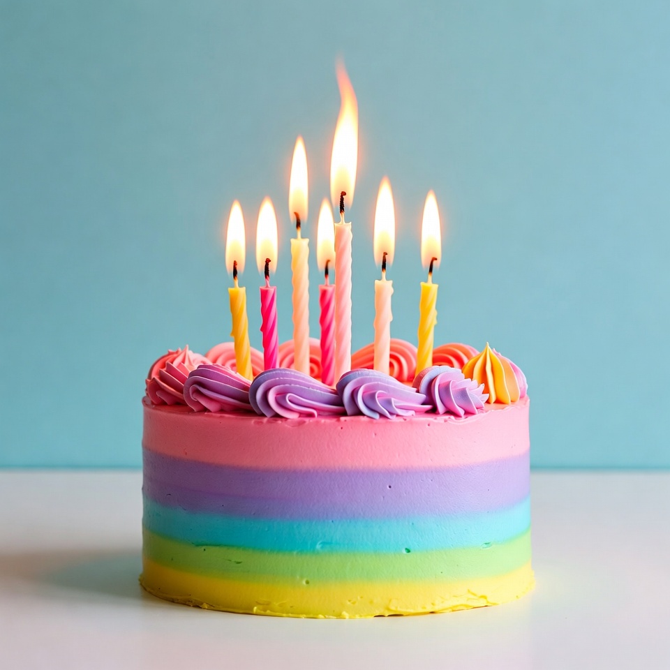 Birthday cake with lit candles on table Birthday cake with lit candles on table