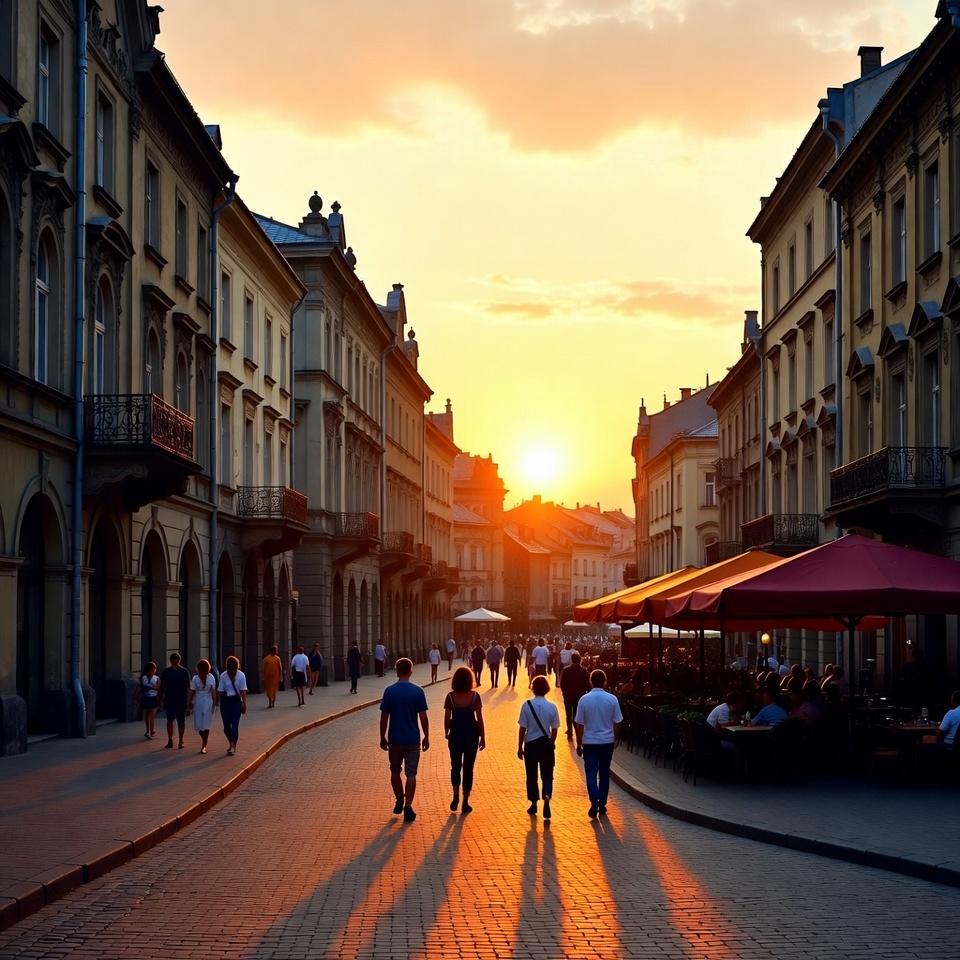 Sunset walk in city street Sunset walk in city street