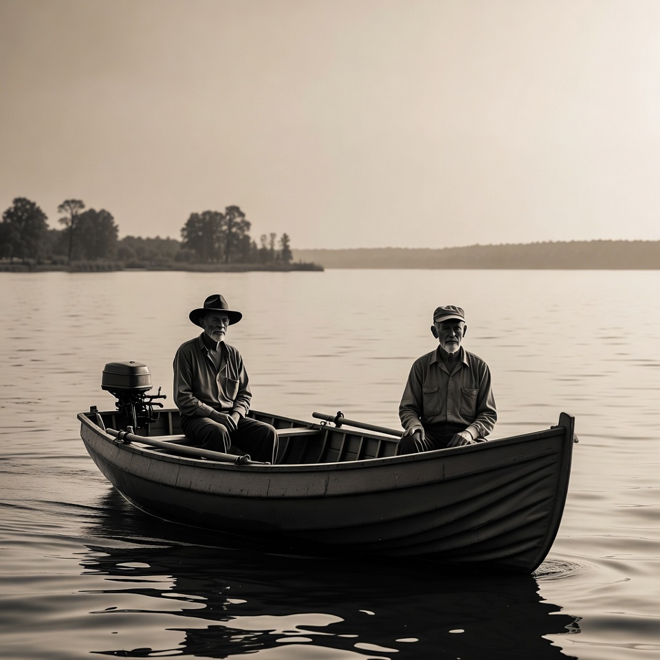 Two men in boat on water Two men in boat on water