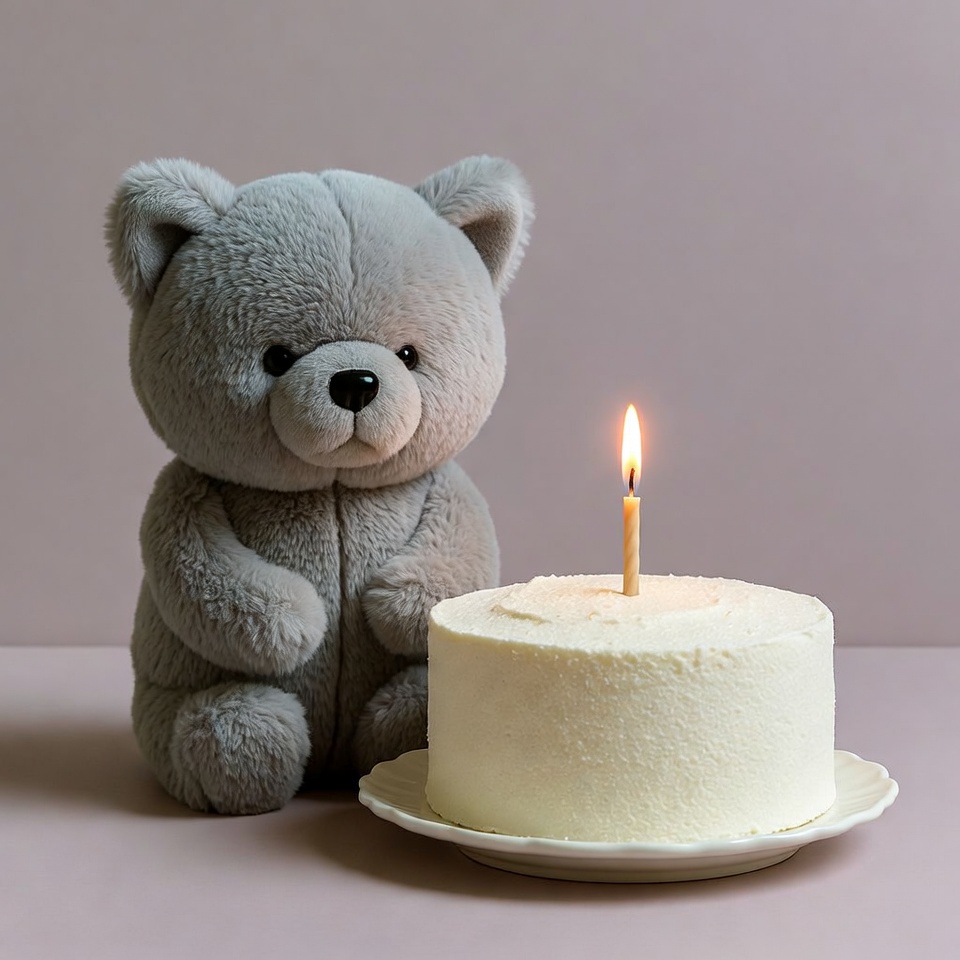 Bear and cake with candle on table Bear and cake with candle on table