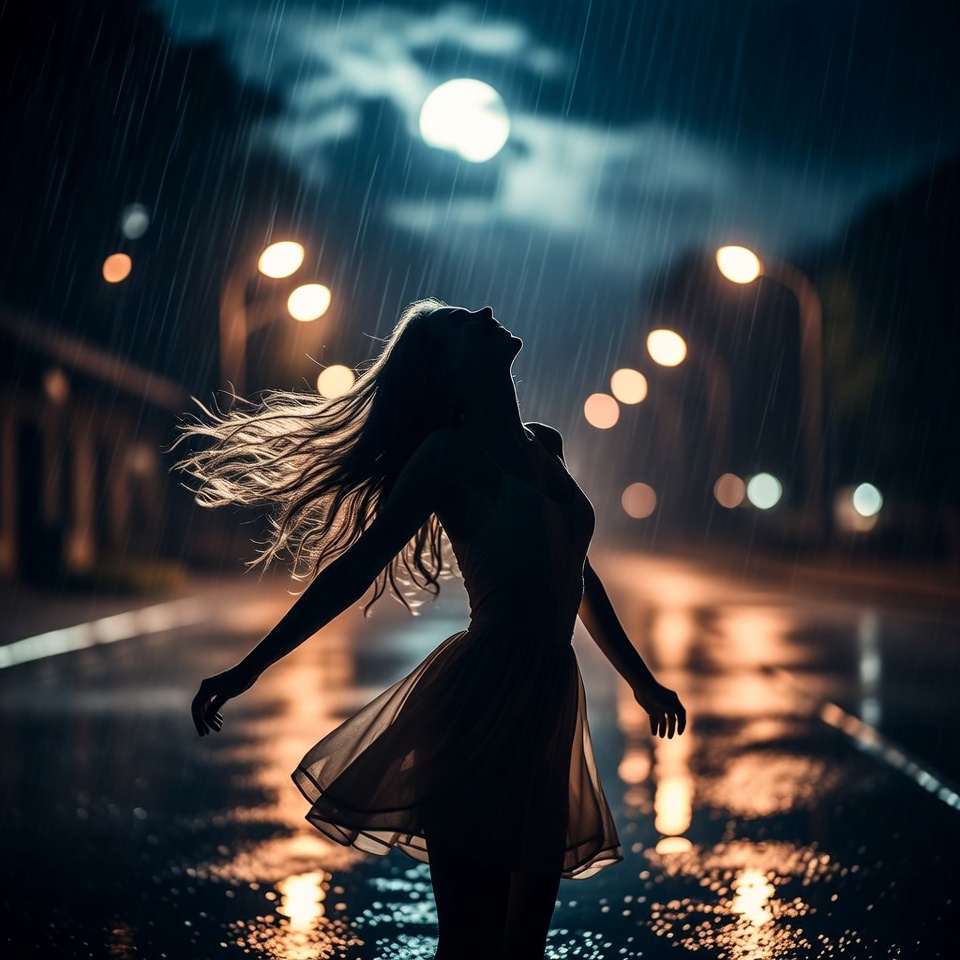 Woman dancing in the rain at night Woman dancing in the rain at night