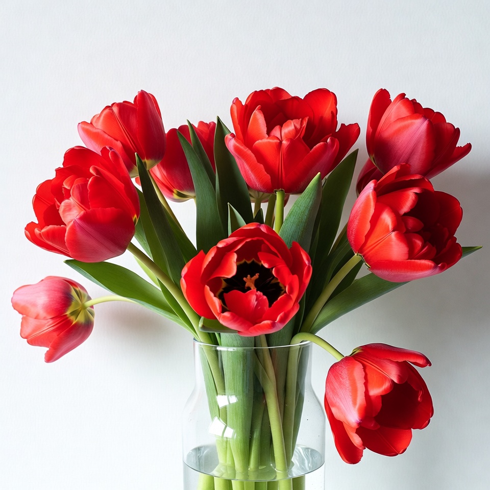 Red tulips in clear vase on table Red tulips in clear vase on table