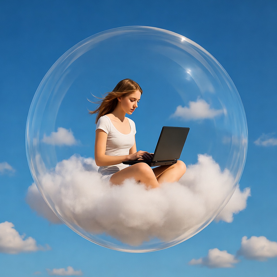 Girl using laptop on cloud Girl using laptop on cloud