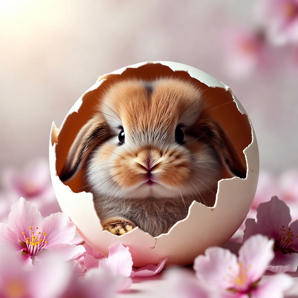Rabbit emerging from egg with flowers Rabbit emerging from egg with flowers