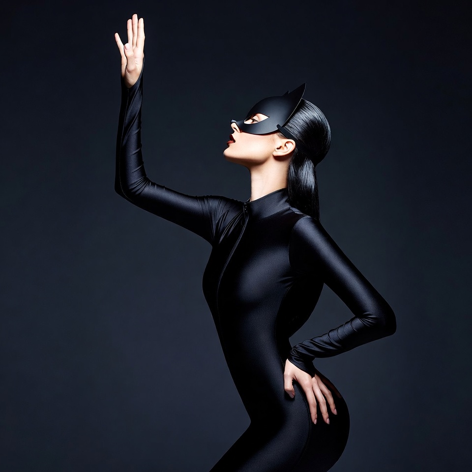Model in black costume poses sharp Model in black costume poses sharp