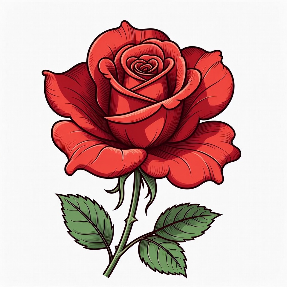 Red rose with detailed petals and leaves Red rose with detailed petals and leaves