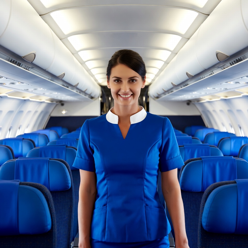 Flight attendant on airplane aisle Flight attendant on airplane aisle