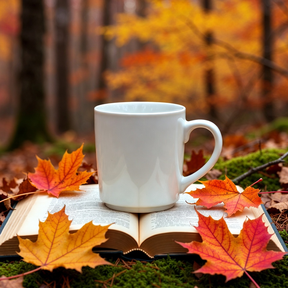 Cozy cup beside open book in autumn Cozy cup beside open book in autumn
