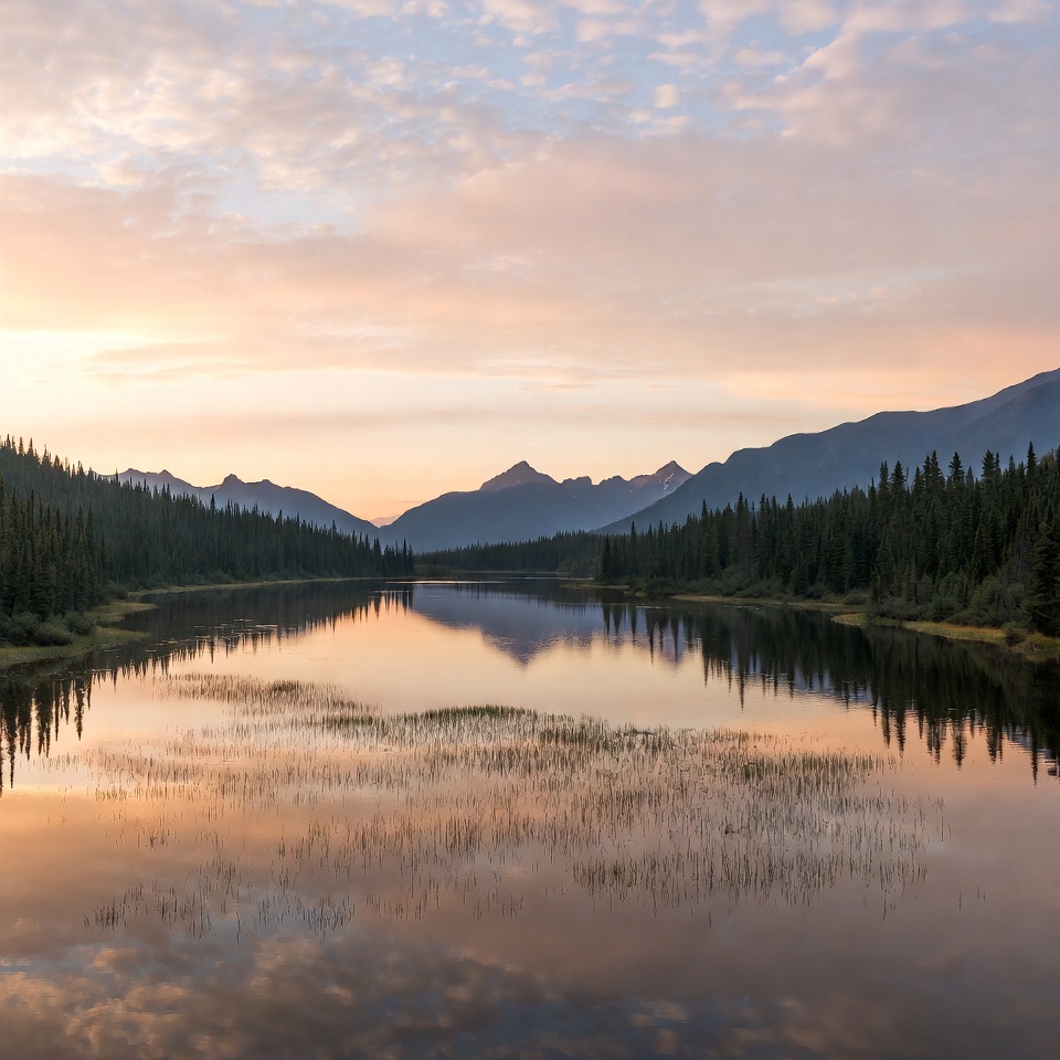Sunset over the calm lake and mountains Sunset over the calm lake and mountains