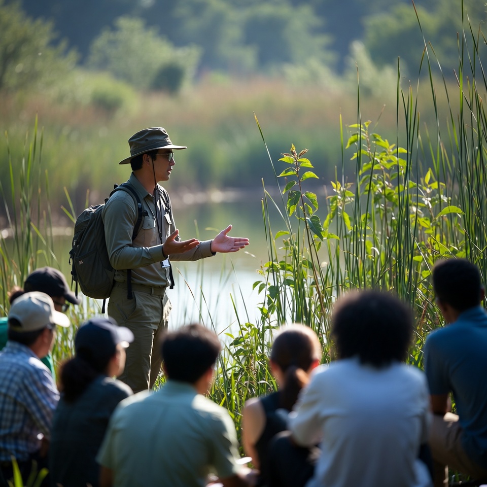 Nature guide leads outdoor group near water Nature guide leads outdoor group near water