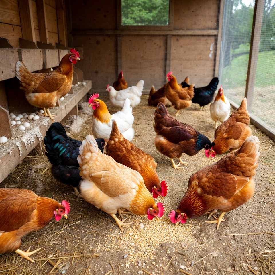 Chickens feeding in coop Chickens feeding in coop