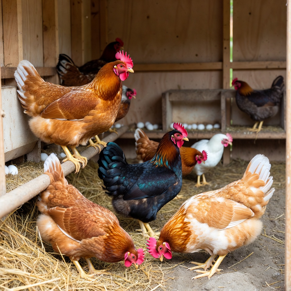 Hens in a coop laying eggs Hens in a coop laying eggs