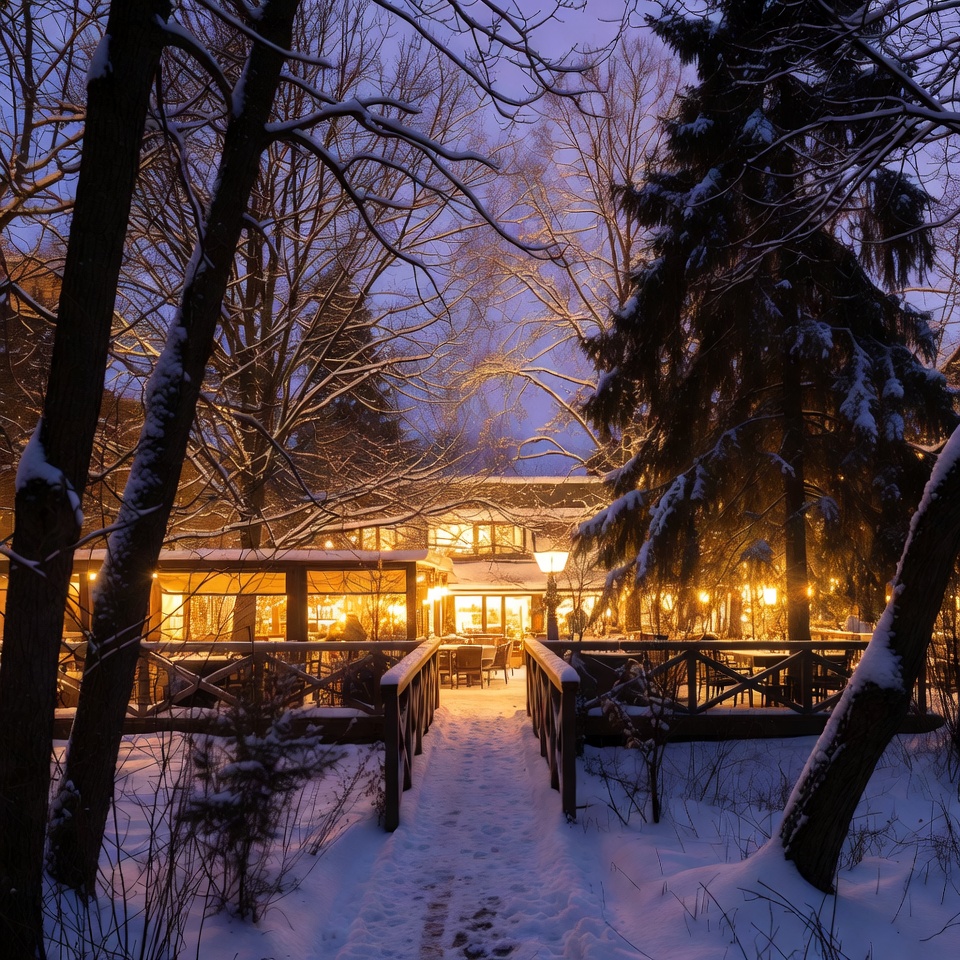 Warm light in snowy garden setting Warm light in snowy garden setting